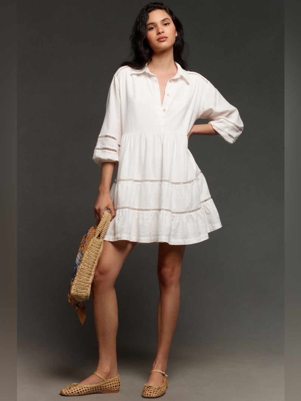 Anthropologie MAEVE The Bettina Tiered Mini Shirt Dress Linen Size S oversized
